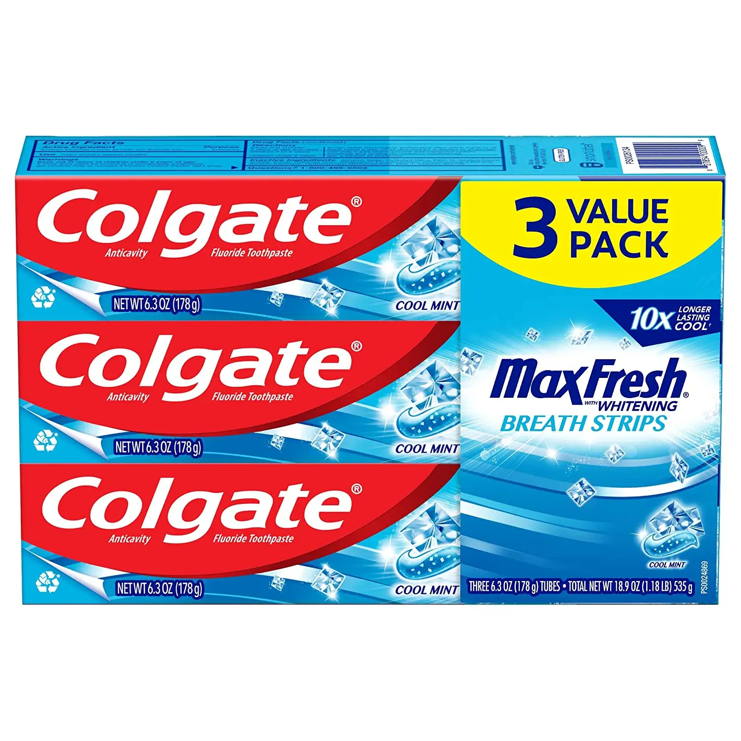 คอลเกตแม็กซ์สดด้วยยาสีฟันไวท์เทนนิ่งที่มีแถบลมหายใจขนาดเล็กยาสีฟันมิ้นท์เย็นสำหรับกลิ่นปากหลอด6.3ออนซ์3แพ็ค