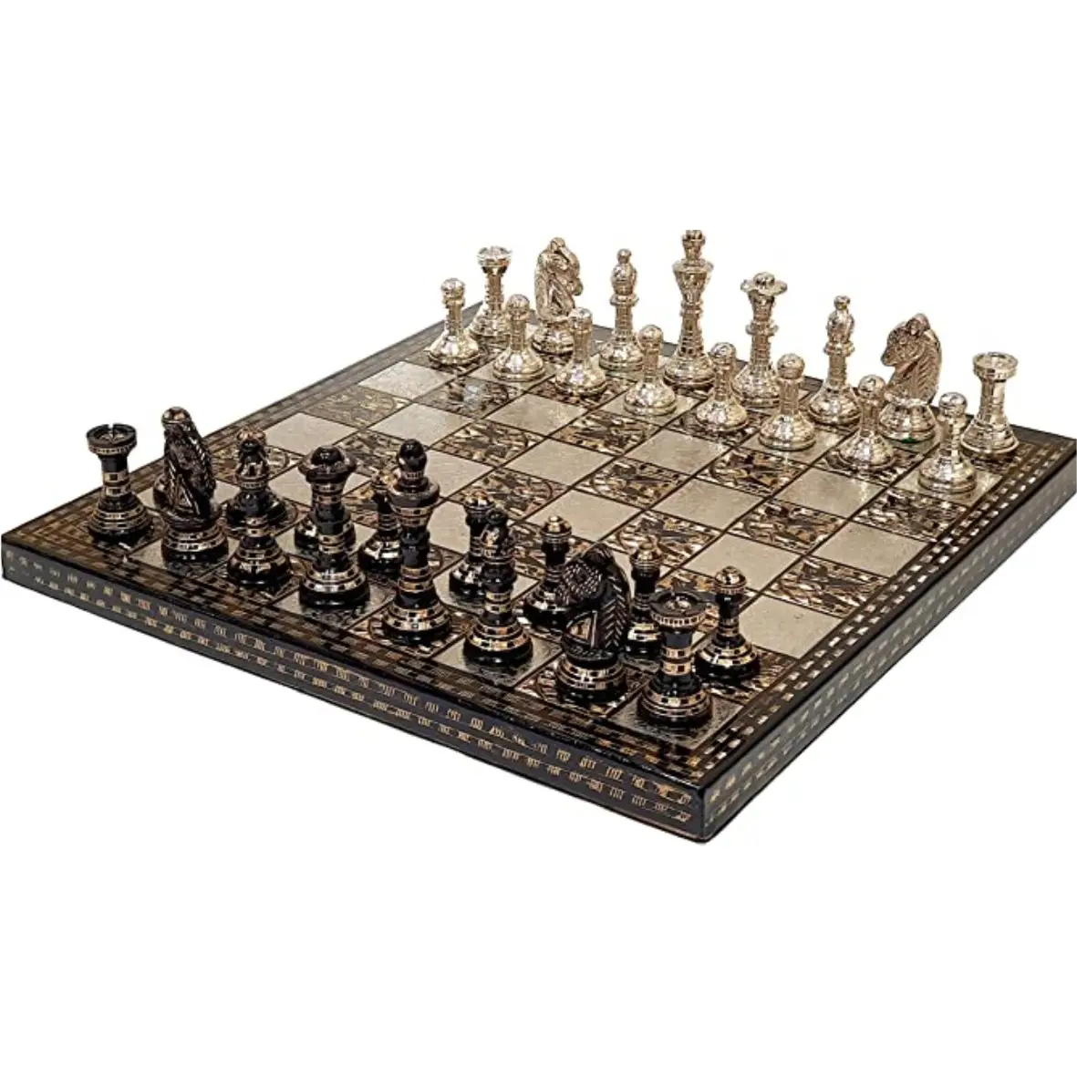 Tablero de ajedrez de metal no magnético de alta calidad, piezas de diseño de grabado de hierro, juego de cobre y Negro pulido