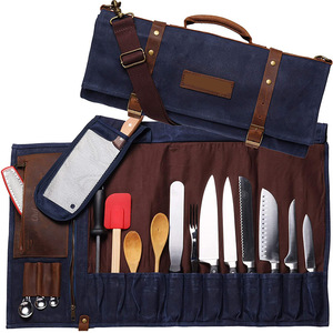 Waxed Canvas Leather <strong>11</strong> Pocket Handmade Chef Roll <strong>Tool</strong> Holder <strong>Bag</strong> Chef Christmas Case LCKR-0014B - Product Image 1