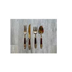 Latest Brass Spoon <strong>Flatware</strong> Cutlery Sets Brass and Steel Set of 2 Fork and Spoon Leaf Design at Low Price - Product Image 4