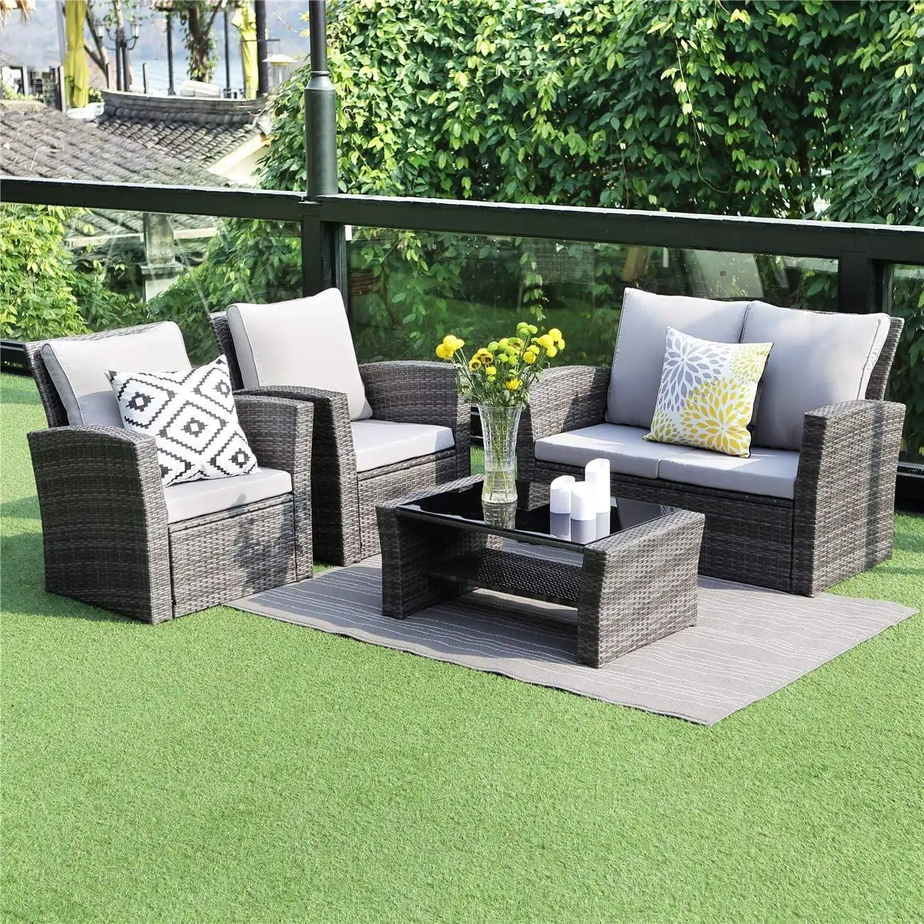 Phong Cách Hiện Đại Đồ Nội Thất Ngoài Trời Mây Wicker Sofa Mây Đồ Nội Thất Vườn 4 Piece Patio Đồ Nội Thất