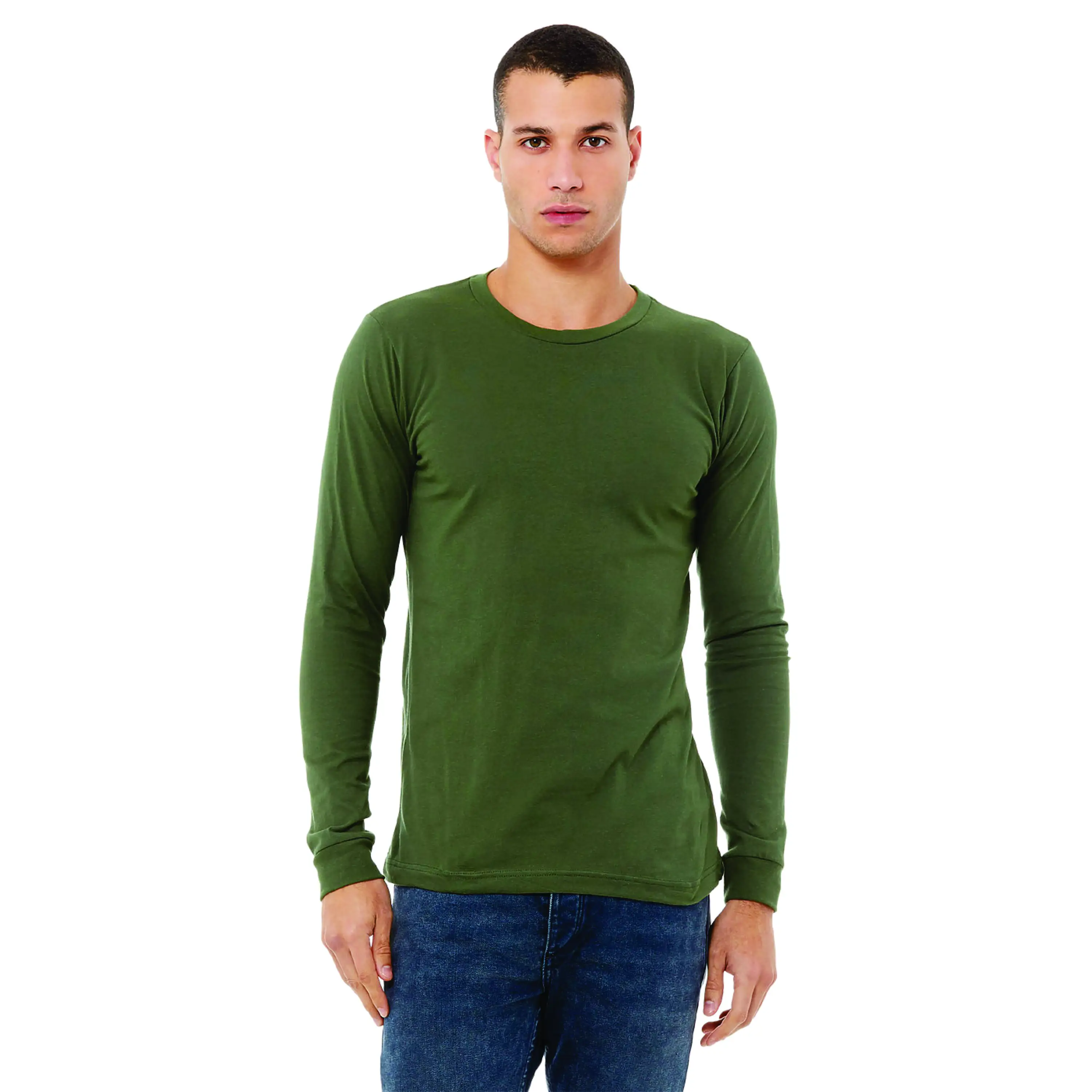 100% Airlume penye ve halka bükülmüş pamuk 32 tek 4.2 oz askeri yeşil klasik ekip boyun Unisex Jersey uzun kollu T-Shirt