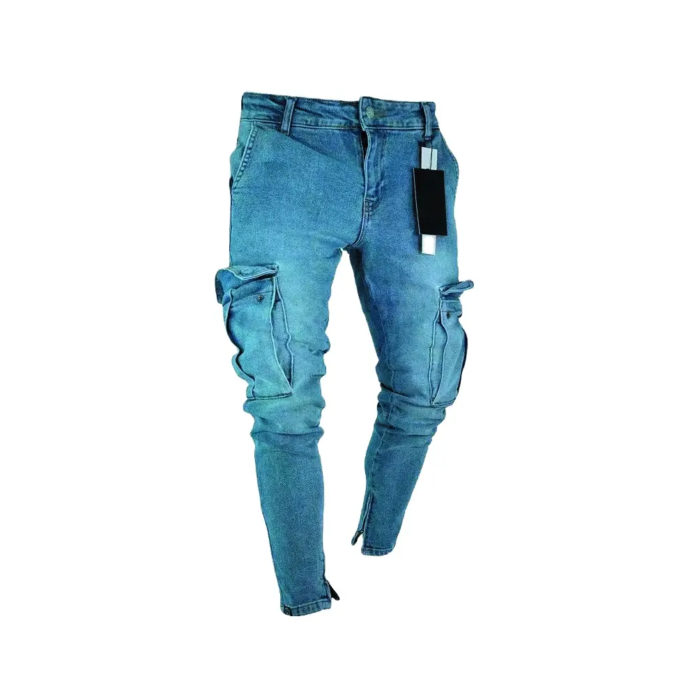 Самые требовательные 2023 новейший дизайн мужские синие однотонные джинсовые брюки с большими карманами и молниями для продажи