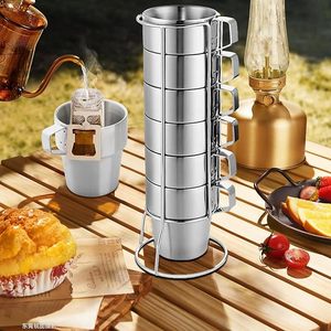 带支架的咖啡杯和4个咖啡杯，用于家庭不锈钢咖啡杯，带牛奶手柄 - Product Image 6