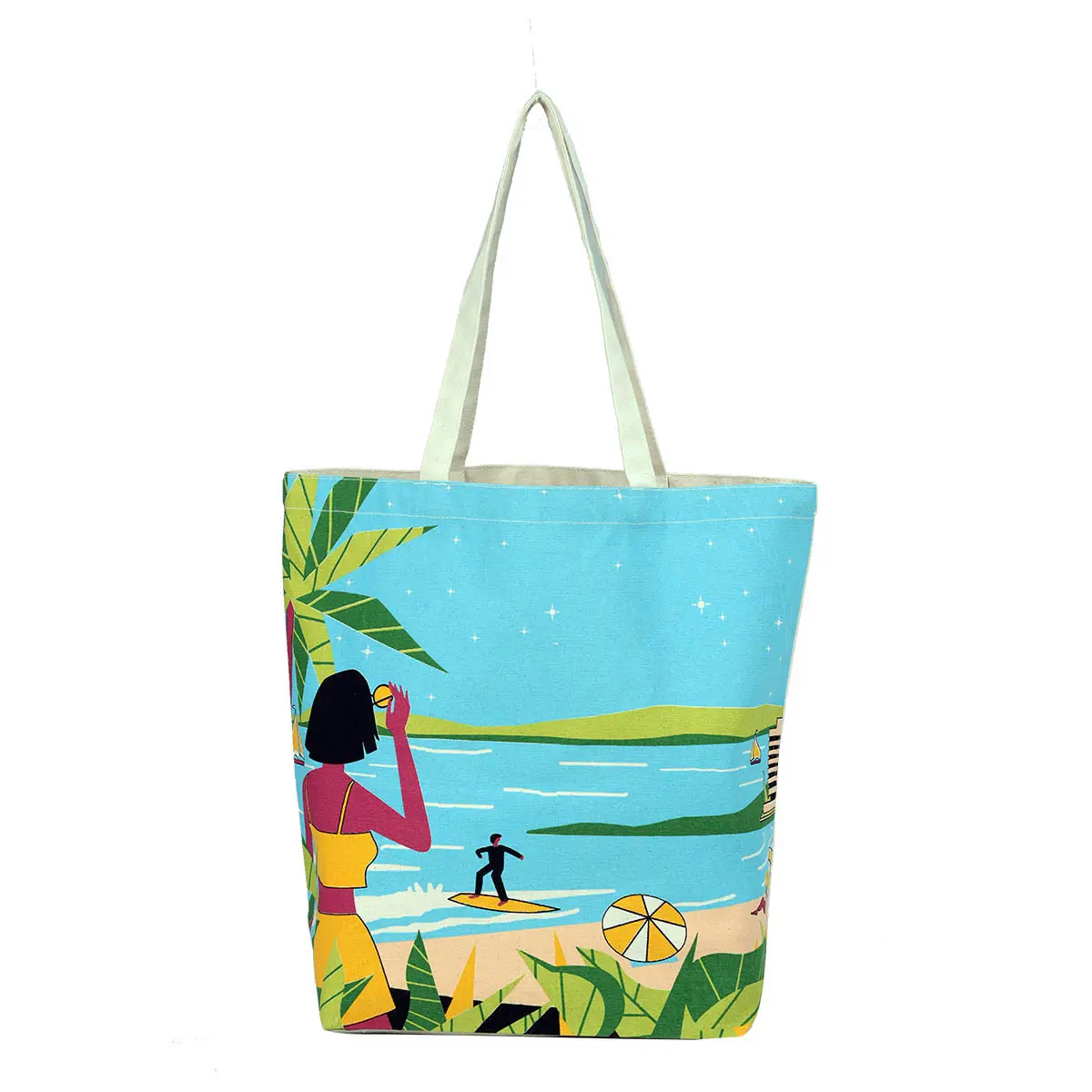 Bolso de playa de lona ecológico y de bolsillo para mujer con mango largo y bonito paisaje con estampado de serigrafía
