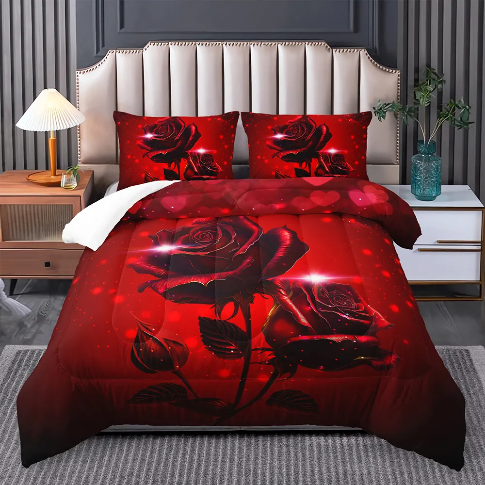 Set di biancheria da letto con stampa digitale floreale 3d con motivo personalizzato cuore rosso amore rosa 3 pezzi