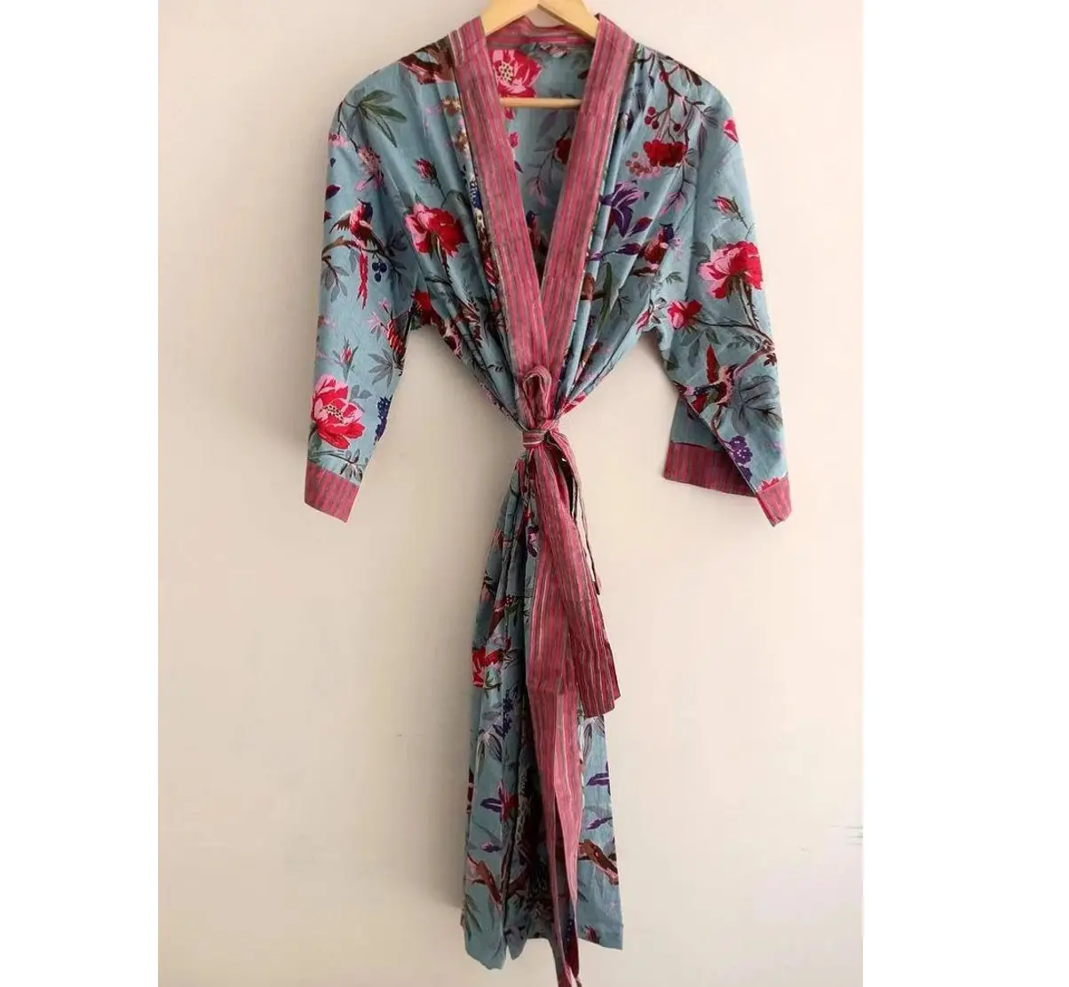 Bata de Kimono de algodón, bata de dama de honor con estampado de bloques, ropa de dormir de verano, Kimono de talla única