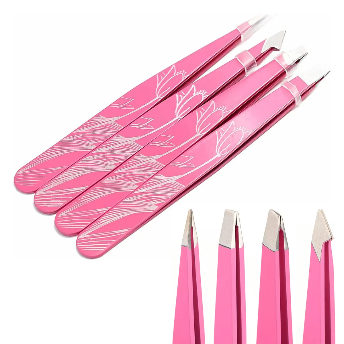Pink Eyebrow Tweezers Set 4PCS for ingrown hair Stainless Steel Customized Label Best Tweezers for Plucking Hair