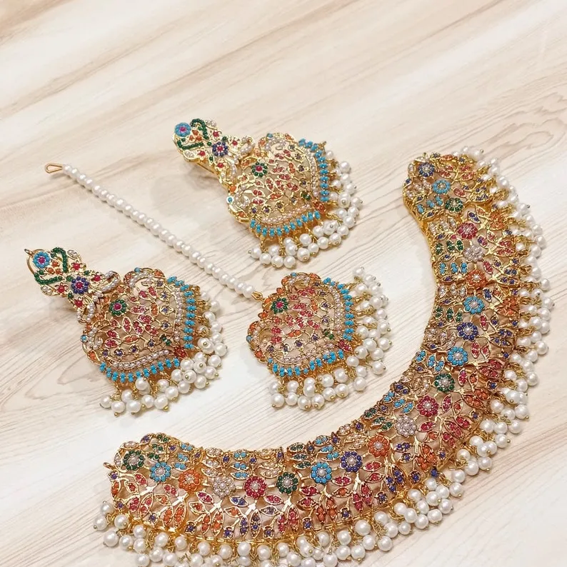 Nauratan Gold Plated Set PartyWear Conjunto completo Indian Pakistani Bridal Shaadi Jewelry Sabyasachi Bollywood Pakistani Jewelry