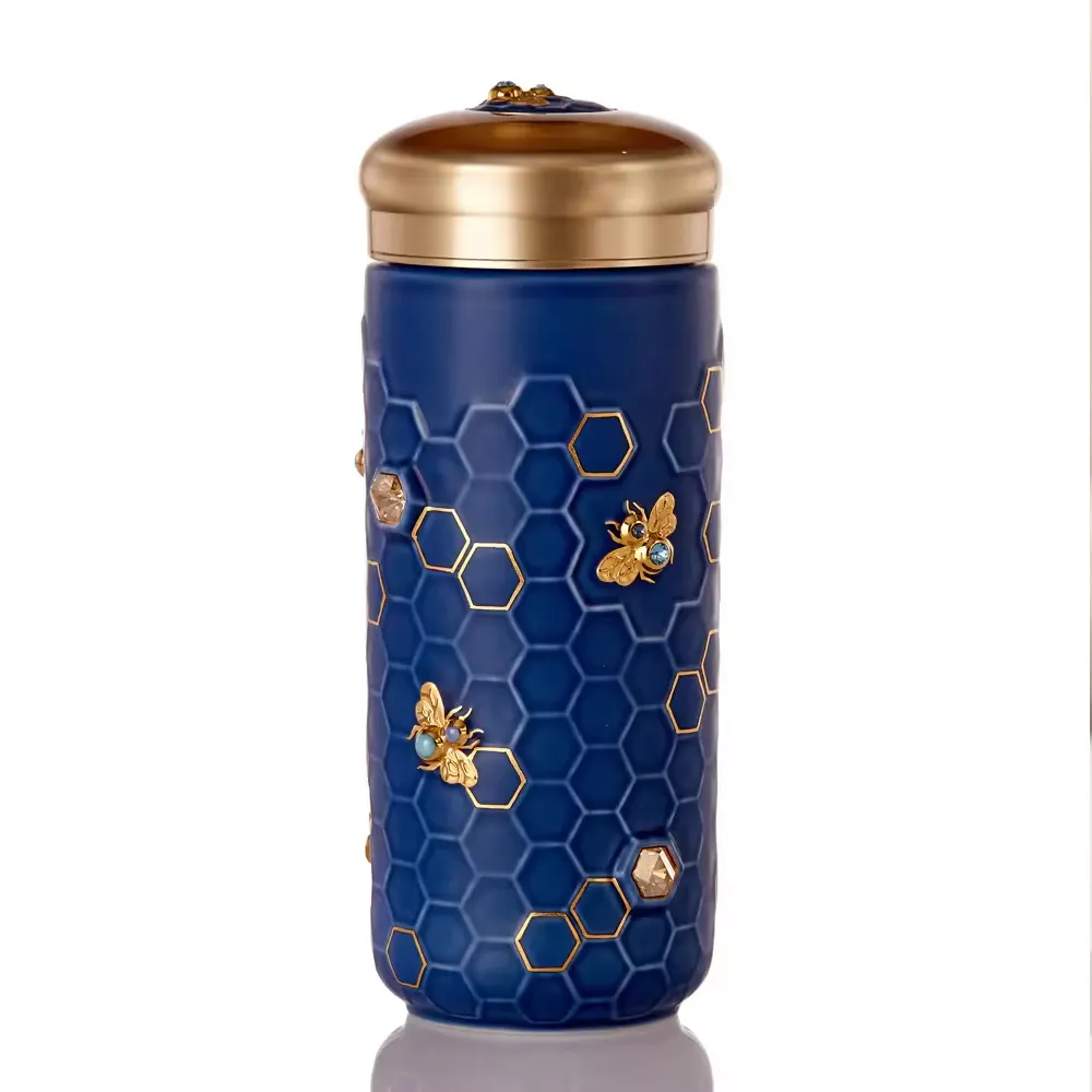 ספל נסיעות דבורת דבש חי אסרה עם קריסטלים קרמיקה מעוצבת עם עיצובים יפים דבורים זהב מצוירות ביד