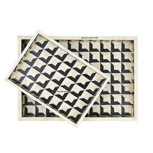 El yapımı 3D dikdörtgen desen siyah ve beyaz reçine kakma hizmet tepsi ev ve gıda hizmet için özel boyut MDF ve kemik kakma - Product Image 1
