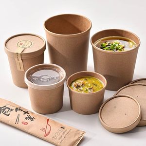16 OZ yuvarlak şekiller gıda sınıfı sızdırmaz tek kullanımlık Kraft kağıt kapaklı özel baskı kaseler ile çorba bardağı sıcak derin çorba kasesi