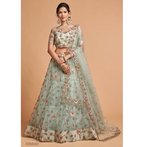 Özel yeni tasarımcı Firoji renk Modern hint Lehenga Choli bluz yumuşak Sari ağır Net dizisi nakış düğün partileri - Product Image 1