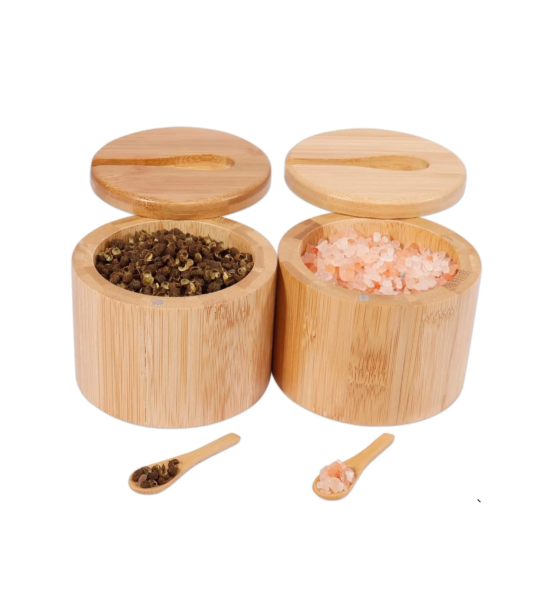 Confezione da 2 pezzi scatola di sale e pepe in bambù, in legno con coperchio girevole, ciotola per sale in bambù