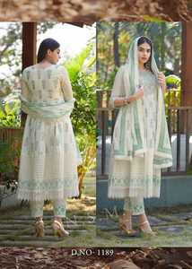 设计师连衣裙纯棉印花Anarkali Kurti长裤 & Dupatta，重刺绣脖子和Shiffli Pandel工作女性时尚