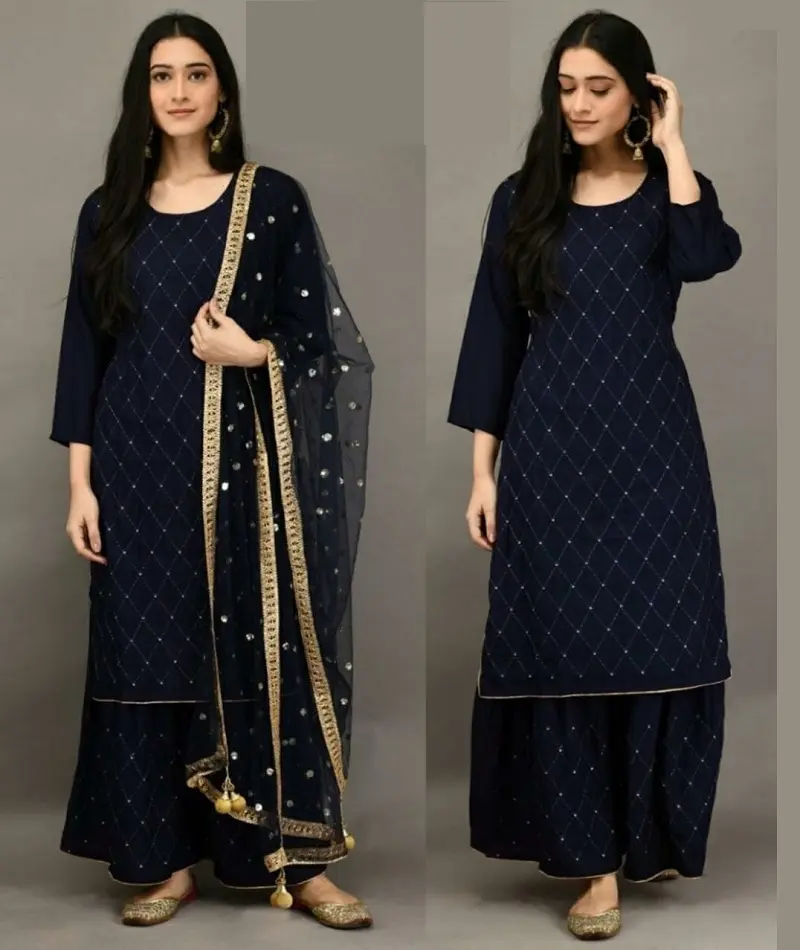 Diseñador de estilo indio y pakistaní elegante listo para usar Rayon Kurtis con Palazzo y Net Dupatta Set para mujer Ropa informal