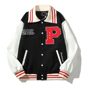 ビッグP文字刺繍群れ野球ユニフォーム男性と女性カップルトレンドコート春ラペルシングルブレストボンバージャケット