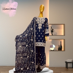 Ssumaira koleksiyonunun 3 parçalı şifon Lehenga Choli Gharara pantolonlu Set - Product Image 4