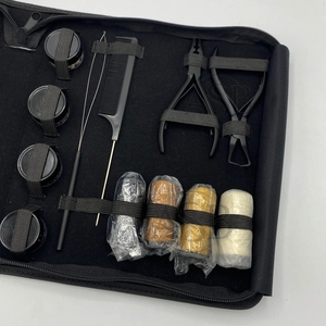 Siyah saç uzatma araçları kiti dahil boncuklu postiş pense, timsah klipler, makas, döngü, 5mm mikro yüzük ve naylon konuları