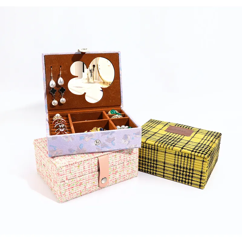 Cajas de joyería con logotipo personalizado WEIMEI caja de almacenamiento de tela floral con espejo para organizar y almacenar joyas
