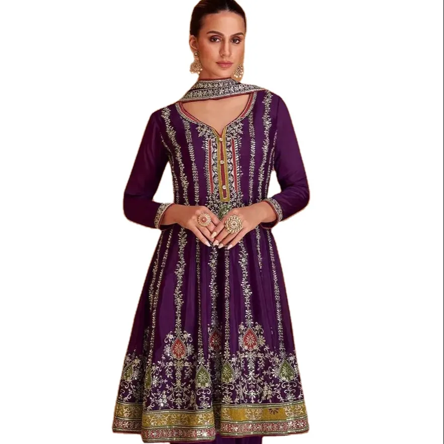 Chinon com bordado pesado vestidos para mulheres indianas paquistanesas recém-chegados 2024