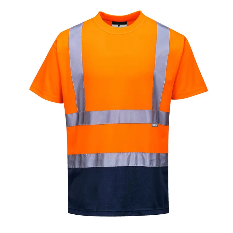 नारंगी पीले रंग की कस्टम थोक सी सुरक्षा छोटी आस्तीन का काम दो टोन टी शर्ट पहने