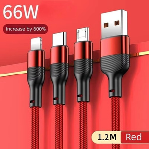 マルチ充電ケーブル3 in 1ナイロン編組マルチUSBケーブル複数充電器66W 6A携帯電話用高速充電コード - Product Image 5