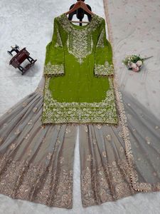 新しいデザイナーウェアFaux Georgetteコーディングシーケンス刺繍 & パールワークトップとシャララとファンシーレースDupatta - Product Image 2