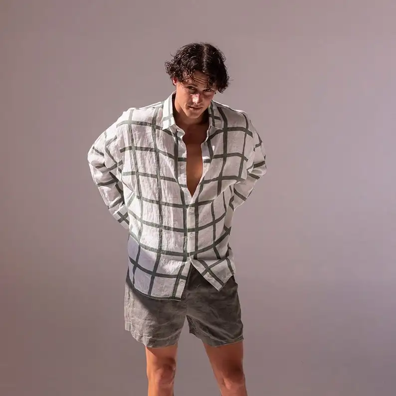 Set di lino morbido (camicia e pantaloncini) da uomo con camicia stampata originale e pantaloni da salotto | Camicia button down | Camicia per l'estate
