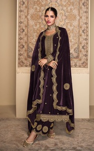 Saf kadife ile ağır nakış boyun Damian takım elbise ile pantolon ile nakış Dupatta online satış için Suit