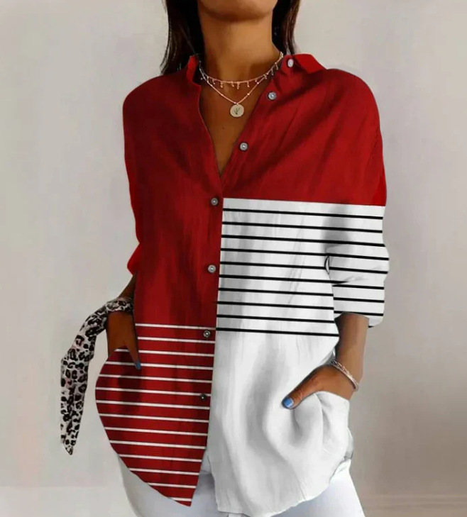 Red and white striped color-blocked shirt