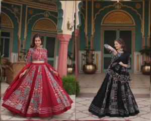 印度最新设计师服装人造丝Lehenga Choli & Dupatta，配有Gota Patti蕾丝和印花Kali图案作品