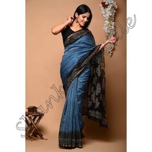 Yeni baskı el işi tasarımcı Chanderi İpek Saree el bloğu boyalı Sari bluz - Product Image 5