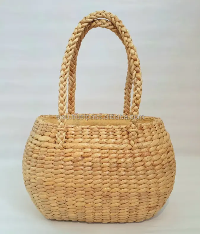Bolsa de jacinto de agua tejida a mano para playa, cesta de pícnic con asas, cesta de almacenamiento de agua tejida a mano de Vietnam