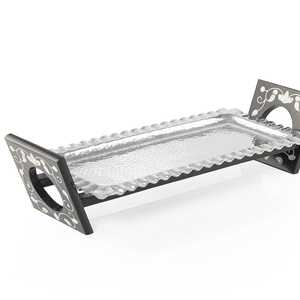 Handmade Hammered Aluminium <strong>Silver</strong> <strong>Plated</strong> Serving <strong>Tray</strong> Bowl Platter With Wooden Natural Finished Base for Fruits Dates Serving - Product Image 1