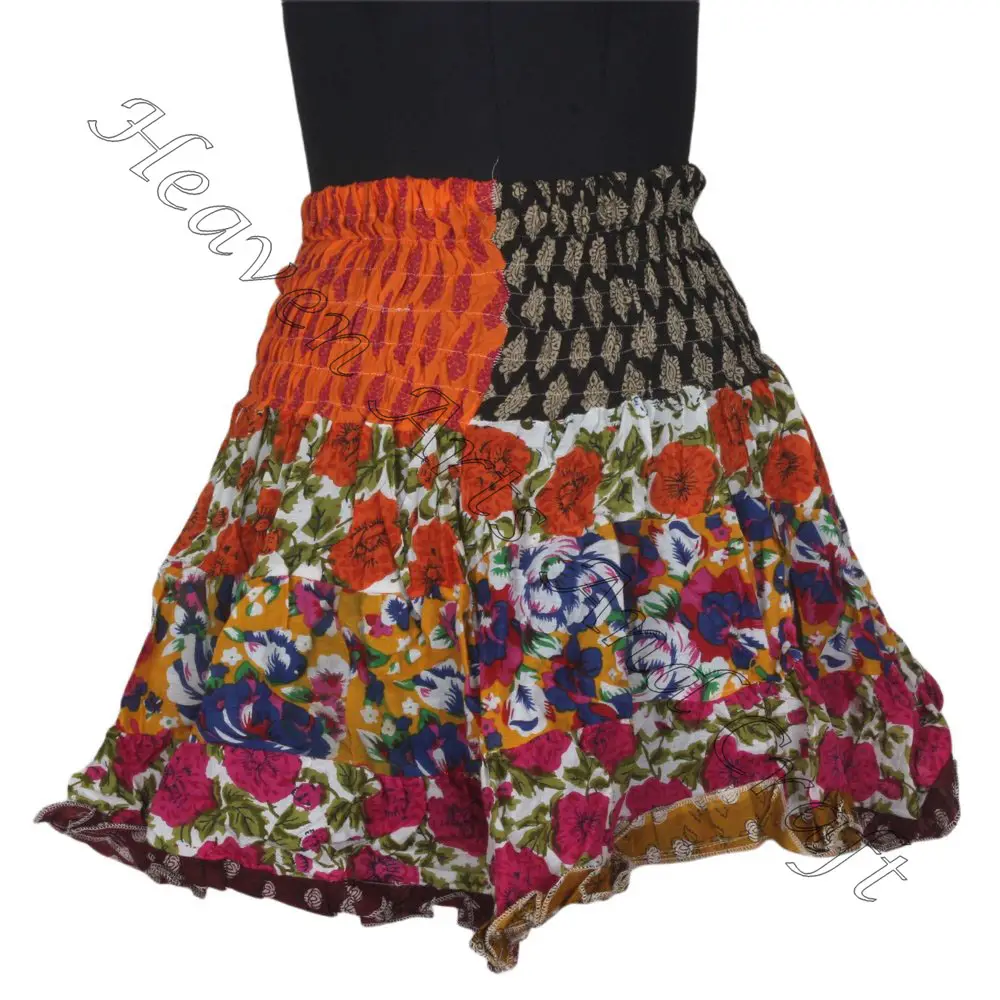 Geri dönüşümlü pamuk Sari muhteşem tasarım Mini yama çalışma etekler boho şık çok renkli yama pamuk mini seksi etek yaz için