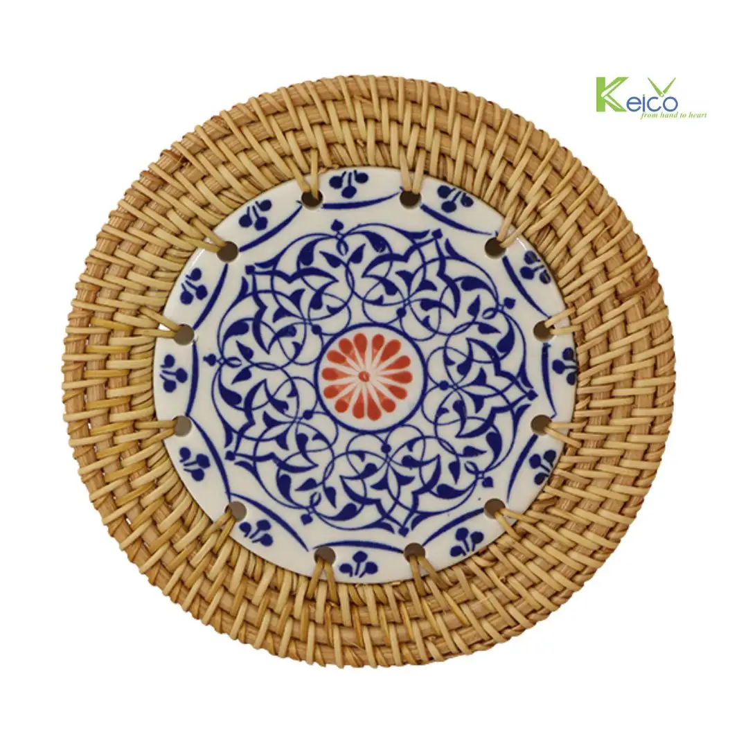 Wholesale Rattan And Ceramic Handwoven Coasters High Quality Placemats with Customize Size For Dinner from Vietnam Cheap Price