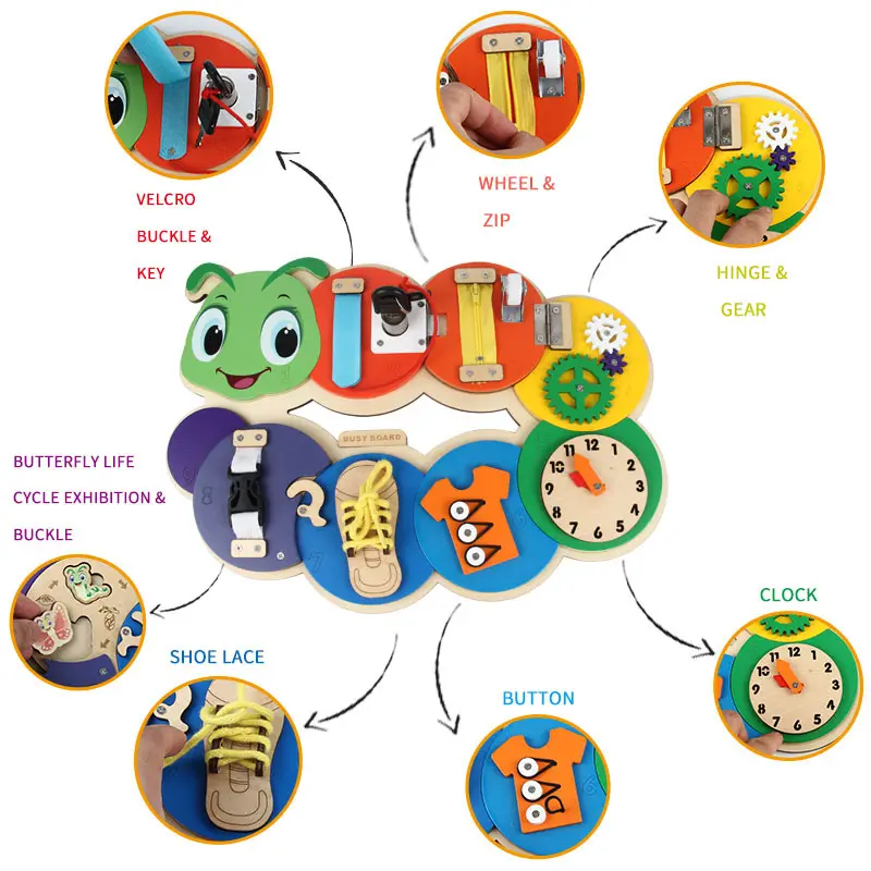 ของเล่นไม้ของเล่นอื่นๆงานอดิเรกกิจกรรมการศึกษา Montessori Caterpillar การออกแบบประสาทสัมผัสกระดานยุ่งสําหรับเด็กวัยหัดเดิน