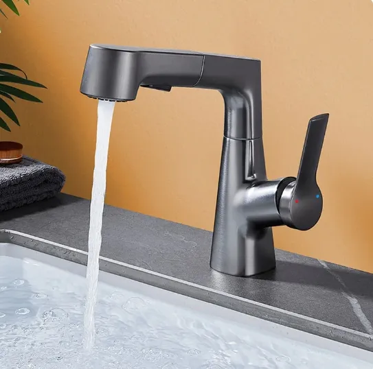 Grifo de lavabo de baño de elevación con rociador extraíble Grifo mezclador de lavabo Grifo de fregadero de acero inoxidable extraíble Caño giratorio Gris