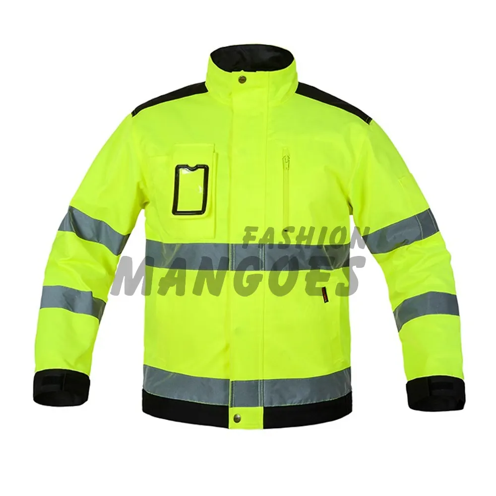 Jaket Reflektif Visibilitas Tinggi Atasan Kerja Luar Ruangan Pria Berpendar Kuning Multi-saku Pakaian Kerja Keselamatan