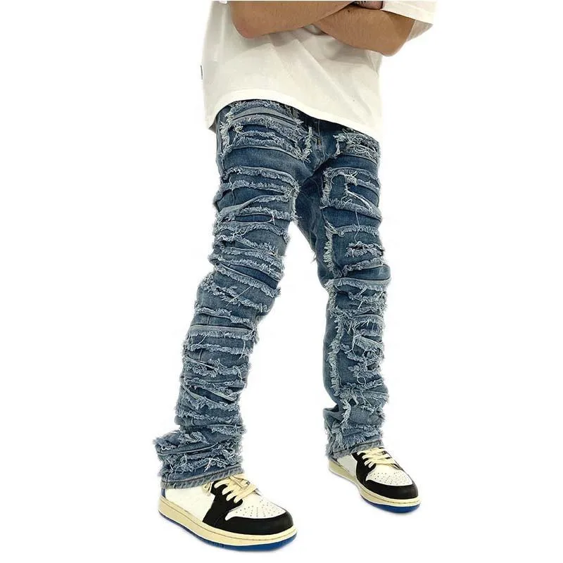 Wholesale best top Popular Custom Men Stack Stacked Ripped Flared Denim Cargo Jeans Pants Male Distressed Skinny Stacked Jeans
