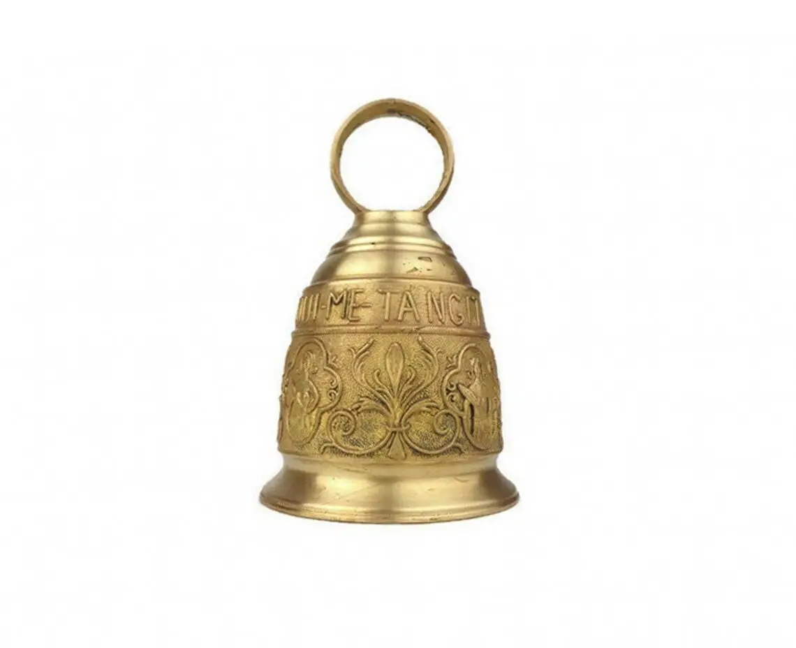 Campana de templo en relieve grande, campana de iglesia grabada campana de mano de hierro fundido de recepción inscrita con mango de latón para la escuela al por mayor