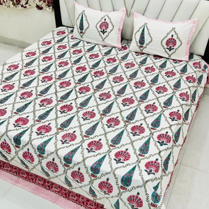 Modern Cotton Bed <strong>Sheet</strong> with Hand Block Print 2 Pillow Covers Indian Sanganeri Print Home Decorative Bed Room Product - Product Image 1