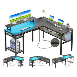 Escritorio de ordenador en forma de L con tira de LED y tomas de corriente Escritorio de ordenador en forma de L reversible con soporte para monitor - Product Image 2