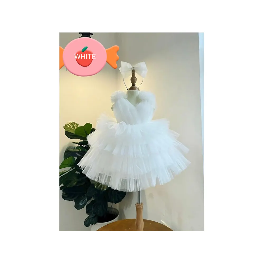 Haute qualité blanc bébé fille longue fleur robe de mariée Net robe conceptions pour les enfants portent une robe de soirée lourde