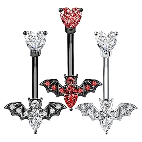 POENNIS Einzigartiger 14g Fledermaus Bauchnabel Ring Kristall Nabel Ring Schwarz plattiert Körper Piercing Roter Zirkon Fledermaus Tier Cool Belly Ring