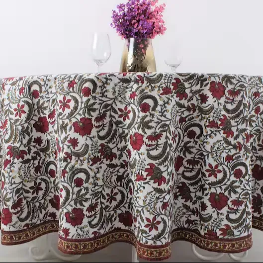 Venta al por mayor India hecha a mano 120 pulgadas redondo Floral bloque impreso 100% algodón mantel personalizado boda evento decoración mesa