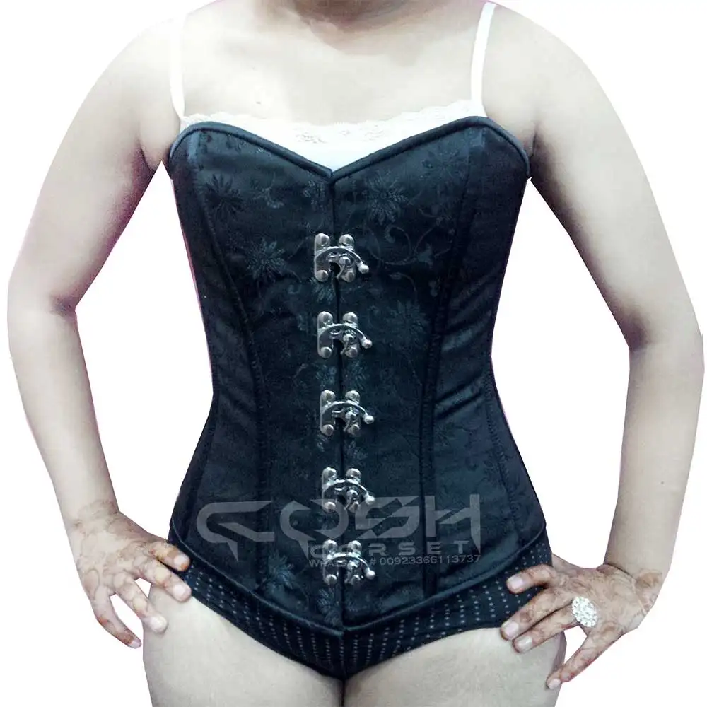 Top corsetto in broccato nero in acciaio Overbust elegante di mezzanotte con fascino e grazia con chiusura a chiusura altalena