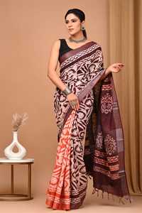 Turuncu saree kadın geleneksel etnik tarzı hint <span class=keywords><strong>Sari</strong></span> <span class=keywords><strong>2025</strong></span> eko-bilinçli Slub bluz ile Handwoven % 100% pamuk Saree