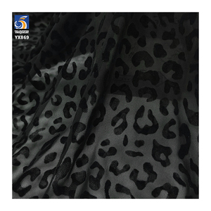 YX869-1 Beliebte Sexy Leoparden muster Schwarz Beflockt Tüll Stoff Polyester <span class=keywords><strong>Mesh</strong></span> <span class=keywords><strong>Net</strong></span> Beflockt Stoff Für Unterwäsche Socken